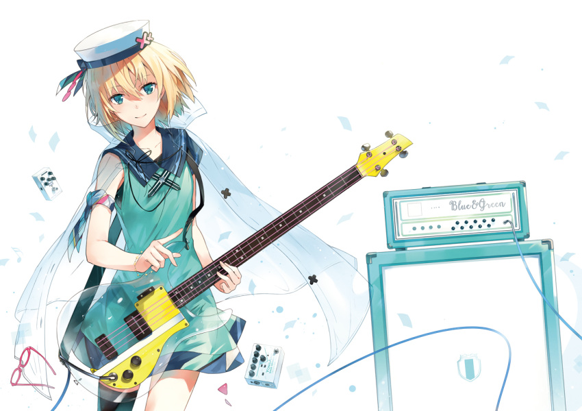 1girl amplifier bass_guitar blonde_hair dress green_eyes guitar hat instrument light_smile looking_at_viewer miz original red-framed_eyewear sailor_dress short_hair simple_background solo sundress thigh-highs white_background