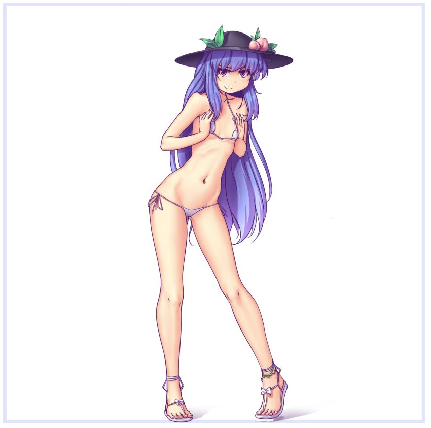 &gt;:) 1girl bare_legs bare_shoulders bikini blue_hair border breast_squeeze breasts feet food food_themed_clothes fruit full_body groin hat hater_(hatater) highres hinanawi_tenshi leaf legs long_hair looking_at_viewer micro_bikini navel navel_piercing peach petite piercing red_eyes sandals side-tie_bikini simple_background skinny small_breasts smile solo swimsuit toes touhou very_long_hair white_background white_bikini