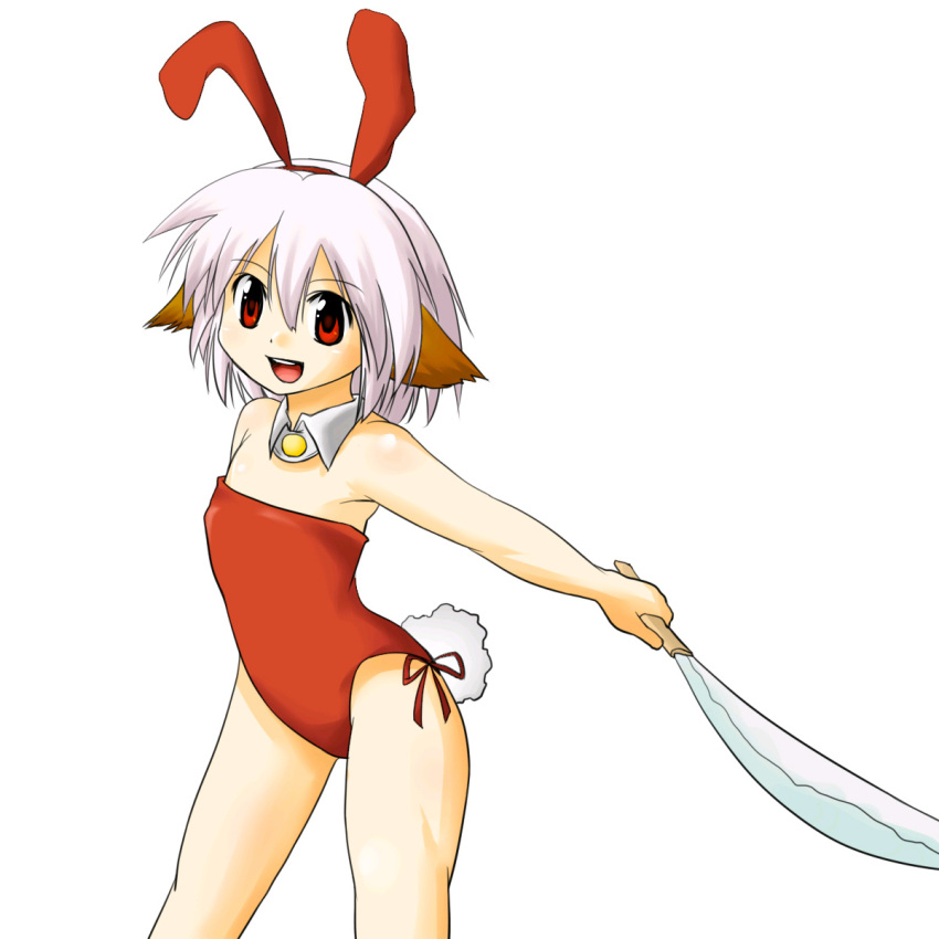 1girl animal_ears bow brooch bunny_must_die bunny_tail bunny_the_honeywhite bunnysuit extra_ears flat_chest highres holding holding_weapon jewelry open_mouth rabbit_ears red_bow red_eyes short_hair silver_hair simple_background solo tail vallerg weapon white_background