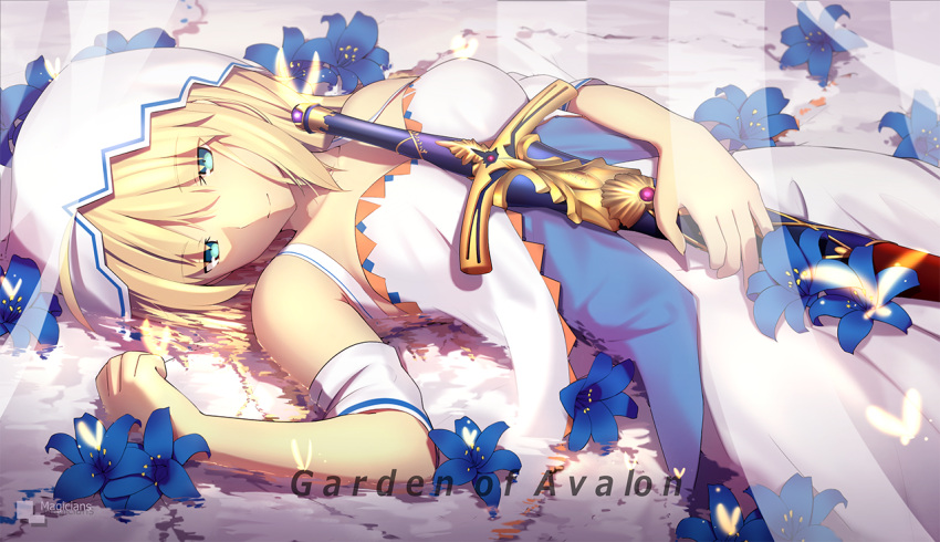 1girl artist_name bare_shoulders blonde_hair breasts caliburn dress excalibur fate/stay_night fate_(series) flower green_eyes light_smile lying magicians_(zhkahogigzkh) on_back saber short_hair solo sword water weapon