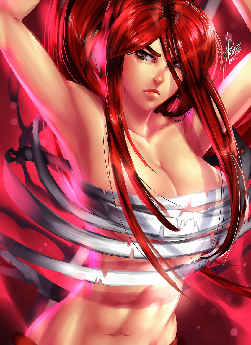 1girl 2015 abs absurdres armpits arms_up aura bandage bare_arms bare_shoulders breasts brown_eyes carlos_javier cleavage dated erza_scarlet eyebrows fairy_tail highres huge_filesize large_breasts lips long_hair looking_at_viewer midriff navel red redhead sarashi serious signature solo stomach undone_sarashi upper_body