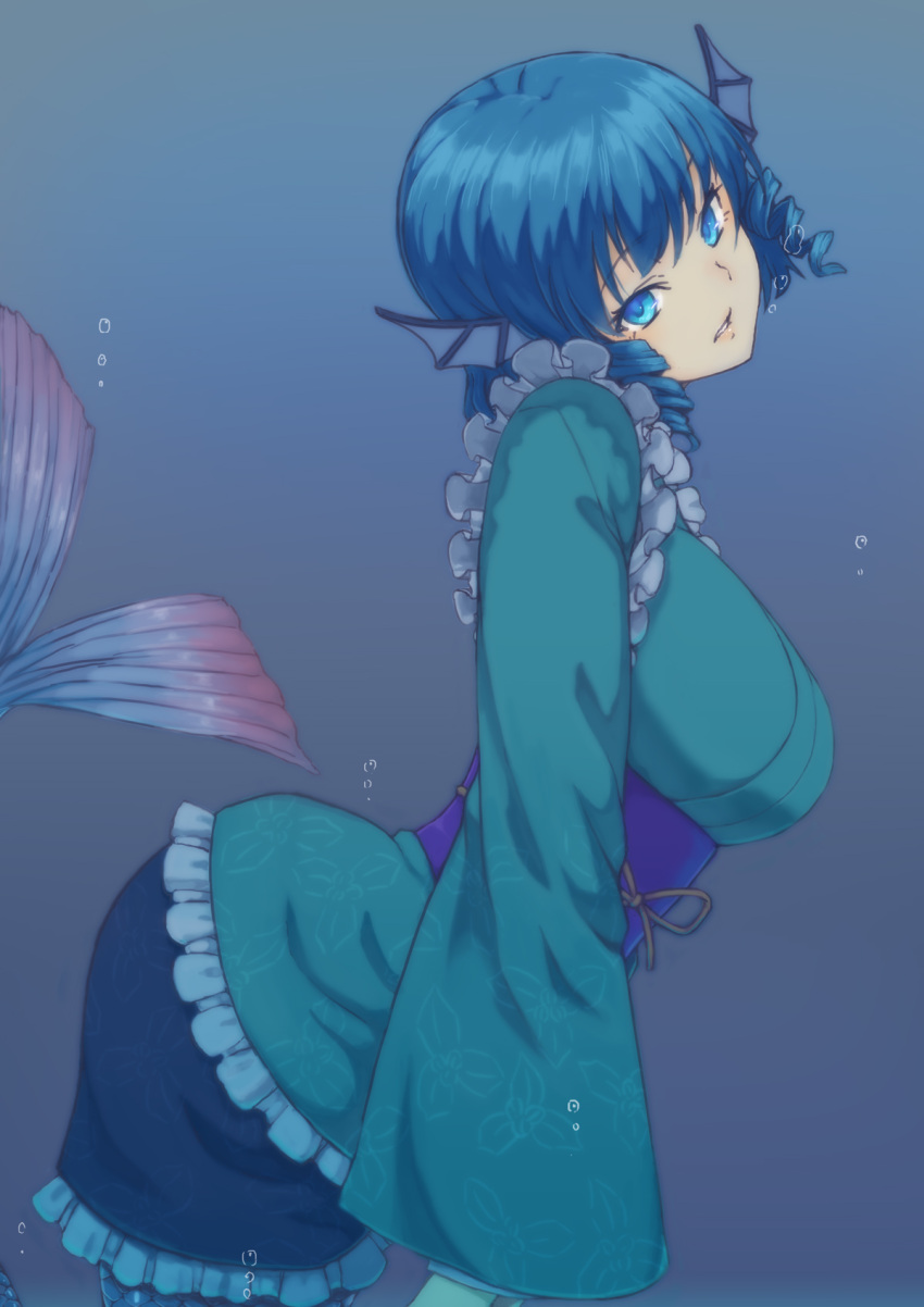 1girl ass blue_eyes blue_hair breasts bubble drill_hair green_kimono highres japanese_clothes kakone kimono large_breasts mermaid monster_girl obi sash sleeves_past_wrists solo touhou underwater wakasagihime