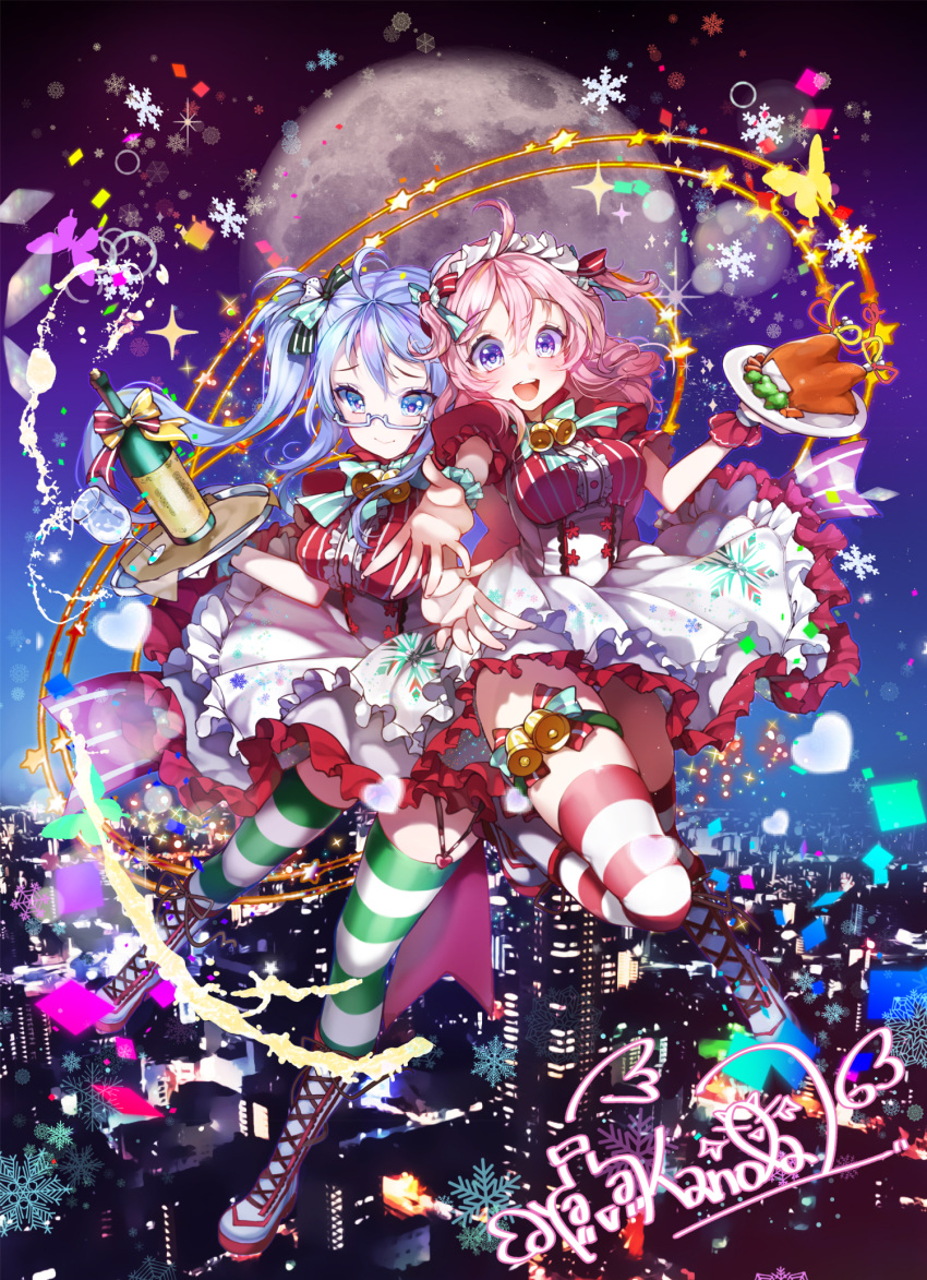 2girls :d blue_eyes blue_hair bottle cup dress drinking_glass eyebrows_visible_through_hair frilled_dress frills garter_straps glass glasses hair_between_eyes heart highres kanola_u long_hair looking_at_viewer maid moon multiple_girls open_mouth pink_hair side_ponytail smile snowflakes striped striped_legwear thigh-highs wine_bottle wine_glass wrist_cuffs