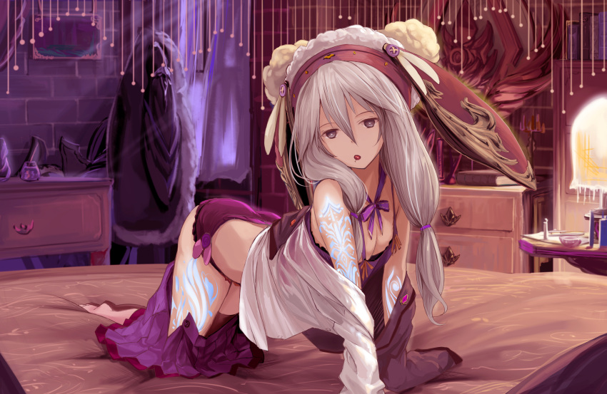 1girl :o absurdres all_fours asymmetrical_clothes bangs bare_shoulders breasts camisole chain_chronicle full_body grey_eyes hair_between_eyes hair_ribbon highres hood indoors kyaro_(kyaro54) long_hair looking_at_viewer off_shoulder panties purple_panties purple_skirt ribbon shirt sidelocks silver_hair skirt skirt_pull small_breasts solo tattoo underwear yuni_(chain_chronicle)