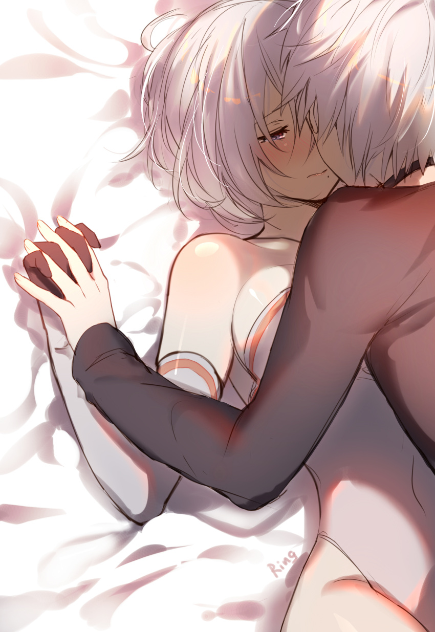 1boy 1girl 3: absurdres aki663 artist_name bangs bed_sheet blue_eyes blush boy_on_top breasts closed_mouth covered_navel elbow_gloves gloves hair_between_eyes half-closed_eyes hand_holding highres incipient_kiss interlocked_fingers large_breasts leotard long_sleeves looking_at_another lying mole mole_under_mouth nier_(series) nier_automata on_back out_of_frame short_hair signature silver_hair white_gloves white_leotard yorha_no._2_type_b yorha_no._9_type_s