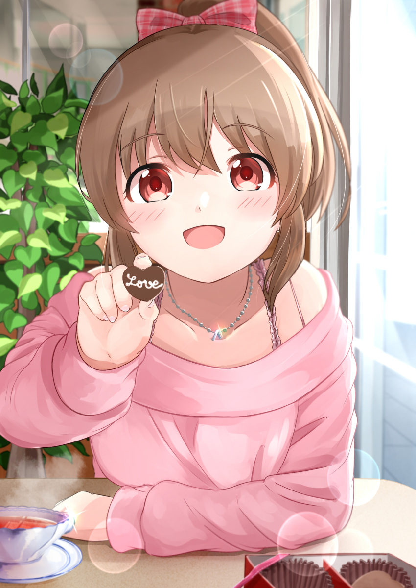 1girl blush bow brown_hair chocolate chocolate_heart commentary_request eyebrows_visible_through_hair feeding food hair_bow hair_ornament heart highres hori_yuuko idolmaster idolmaster_cinderella_girls indoors jewelry long_hair long_sleeves looking_at_viewer open_mouth ponytail pov_feeding red_eyes solo sora_(silent_square) valentine