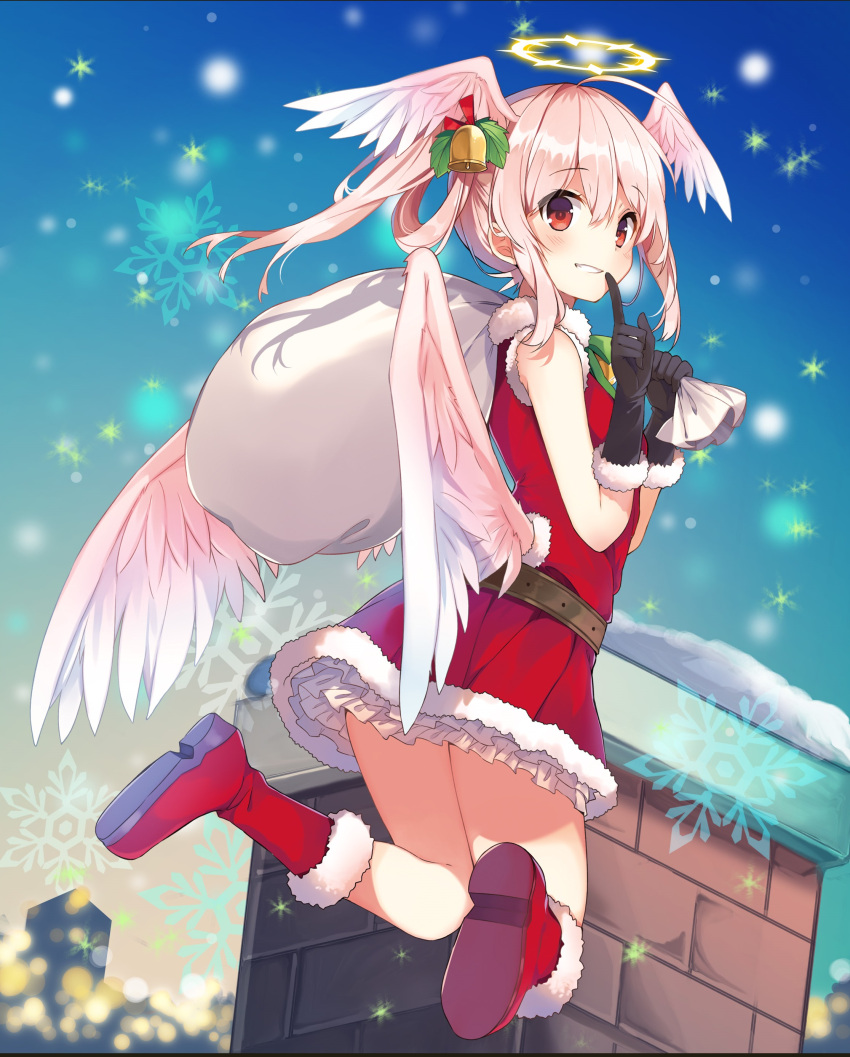 1girl absurdres ange_vierge bell black_gloves book boots carrying_over_shoulder chimney elel eyebrows_visible_through_hair full_body fur_trim gloves grin halo head_wings highres index_finger_raised long_hair looking_at_viewer official_art pink_hair red_eyes sack santa_costume skirt sleeveless smile snowflakes snowing solo wings
