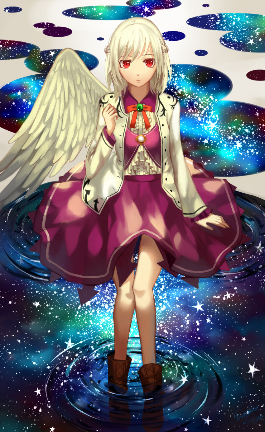 1girl absurdres boots brown_boots dress feathered_wings full_body half_updo highres jacket kishin_sagume long_sleeves looking_at_viewer open_clothes open_jacket partially_submerged purple_dress red_eyes ripples short_hair silver_hair single_wing solo touhou white_wings wings ze_xia