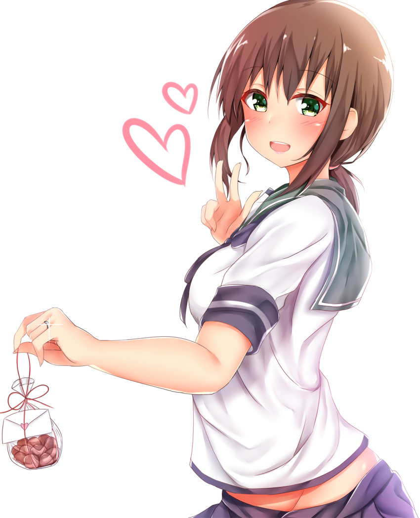 1girl bangs blue_skirt blush breasts brown_hair chocolate eyebrows_visible_through_hair from_side fubuki_(kantai_collection) green_eyes heart highres jewelry kantai_collection looking_at_viewer midriff open_mouth pikatchi pleated_skirt ponytail ring school_uniform serafuku short_hair short_sleeves simple_background skirt small_breasts solo v valentine wedding_band white_background