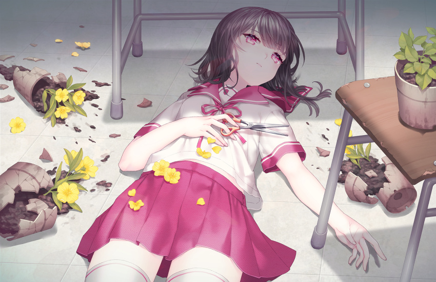 1girl bangs black_hair broken closed_mouth expressionless eyebrows_visible_through_hair hand_on_own_stomach holding holding_scissors lying on_back original petals pink_eyes pink_skirt plant pleated_skirt potted_plant saban school_uniform scissors serafuku skirt solo thigh-highs tile_floor tiles white_legwear yellow_flower