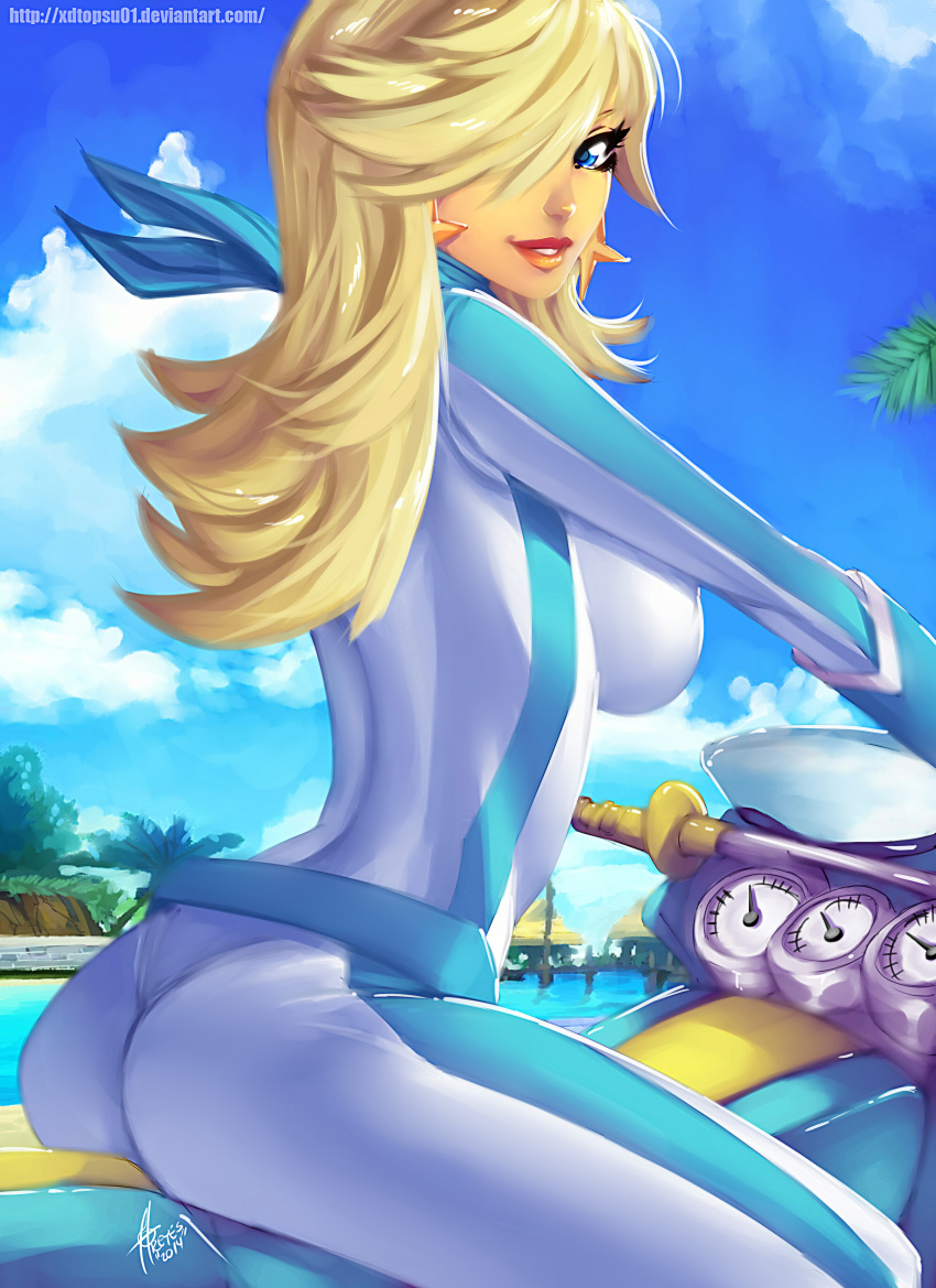 1girl 2014 absurdres arched_back ass back blonde_hair blue_eyes blue_sky bodysuit breasts carlos_javier clouds cloudy_sky dated driving earrings from_side gloves ground_vehicle hair_over_one_eye highres jewelry lips long_hair looking_at_viewer super_mario_bros. mario_kart motor_vehicle motorcycle outdoors palm_tree parted_lips racing_suit rosetta_(mario) signature skin_tight sky smile solo star super_mario_galaxy tree water watermark web_address