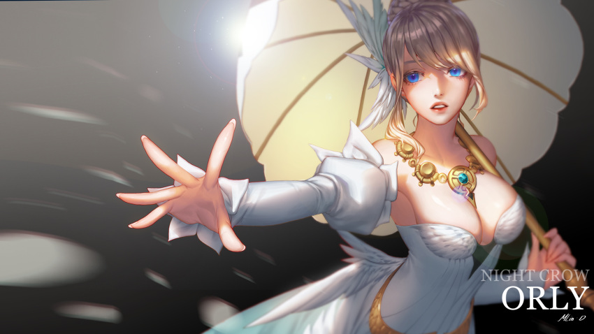1girl blonde_hair blue_eyes breasts cleavage detached_sleeves dress highres jewelry large_breasts lips mulin necklace outstretched_hand parasol parted_lips solo umbrella white_dress