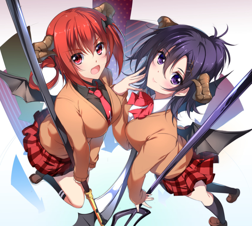 2girls :d bat_hair_ornament black_hair black_shirt bow cardigan demon_girl demon_horns demon_wings dress_shirt full_body gabriel_dropout hair_between_eyes hair_ornament hair_rings hairclip horns jumping kurumizawa_satanichia_mcdowell long_hair looking_at_viewer minamon_(vittel221) multiple_girls necktie open_mouth plaid plaid_skirt pleated_skirt polearm redhead scythe shirt short_hair skirt smile trident tsukinose_vignette_april violet_eyes weapon white_shirt wings x_hair_ornament