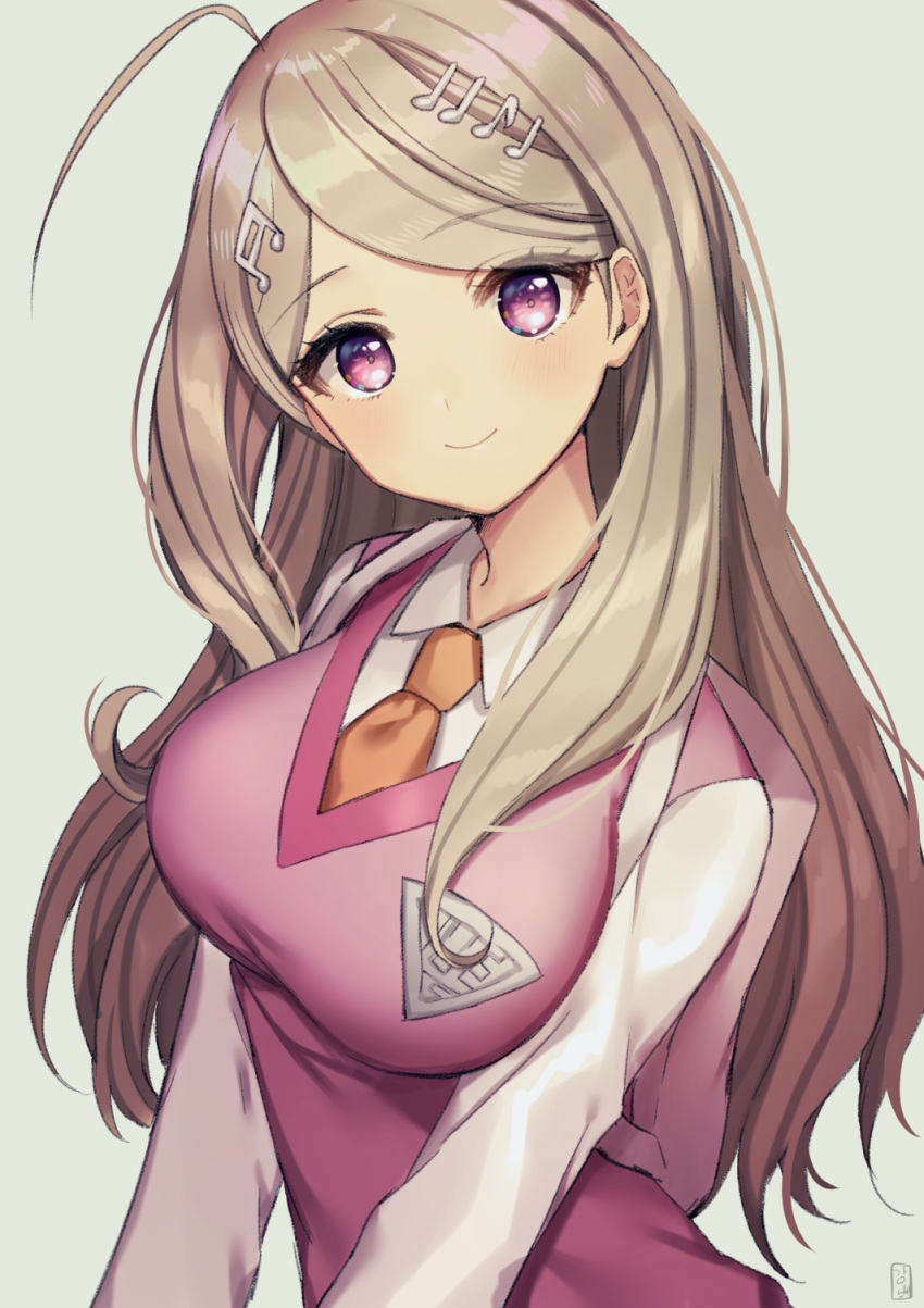 1girl ahoge akamatsu_kaede bangs beamed_quavers blush breasts brown_hair commentary_request dangan_ronpa gambe_(seelunto) highres long_hair looking_at_viewer musical_note musical_note_hair_ornament necktie new_dangan_ronpa_v3 parted_bangs quaver school_uniform semiquaver simple_background smile solo sweater_vest violet_eyes