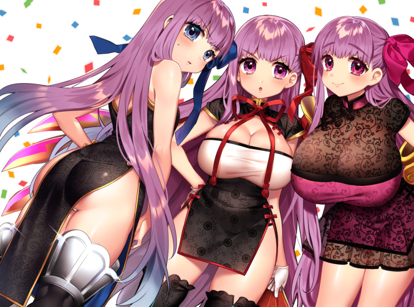 3girls ass bb_(fate/extra_ccc) black_legwear blue_eyes blush breasts china_dress chinese_clothes cleavage dress fan fate/extra fate/extra_ccc fate_(series) folding_fan gloves hair_ribbon hand_on_hip huge_breasts lace lace-trimmed_thighhighs large_breasts leaning_forward long_hair looking_back meltlilith multiple_girls neck_ribbon open_mouth passion_lip pink_eyes pink_ribbon purple_hair purple_ribbon red_ribbon ribbon sakura_yuki_(clochette) smile thigh-highs very_long_hair violet_eyes white_gloves