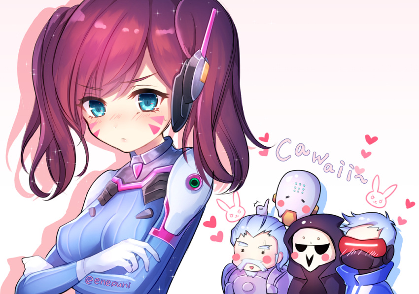 &gt;:3 1girl 4boys :3 alternate_eye_color alternate_hairstyle armor beard black_coat blue_eyes blush blush_stickers bodysuit bracer breasts brown_hair closed_mouth covered_mouth crossed_arms d.va_(overwatch) enepuni eyebrows_visible_through_hair face_mask facepaint facial_hair facial_mark headphones heart high_collar hood hood_up hooded_coat hooded_jacket humanoid_robot jacket mask medium_breasts multiple_boys mustache old_man omnic overwatch pauldrons pilot_suit reaper_(overwatch) reinhardt_(overwatch) ribbed_bodysuit robot shadow short_hair shoulder_pads simple_background skin_tight skull_mask smile soldier:_76_(overwatch) sweatdrop twintails twitter_username upper_body visor whisker_markings white_background white_hair zenyatta_(overwatch)