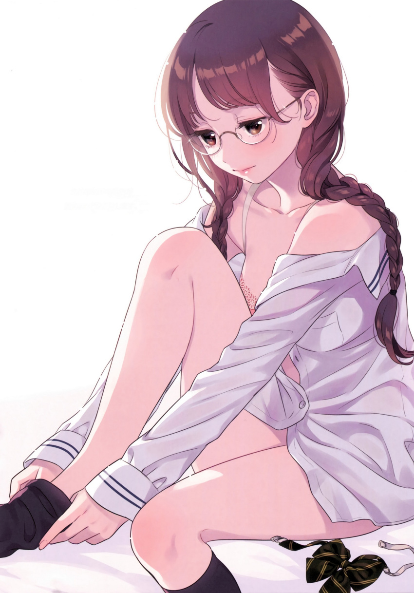 1girl absurdres artist_request black_legwear bottomless bowtie_removed bra braid breasts brown_eyes brown_hair collarbone dress_shirt glasses highres kneehighs long_hair looking_down off_shoulder open_clothes open_shirt original shirt simple_background sitting small_breasts solo twin_braids underwear white_background white_shirt