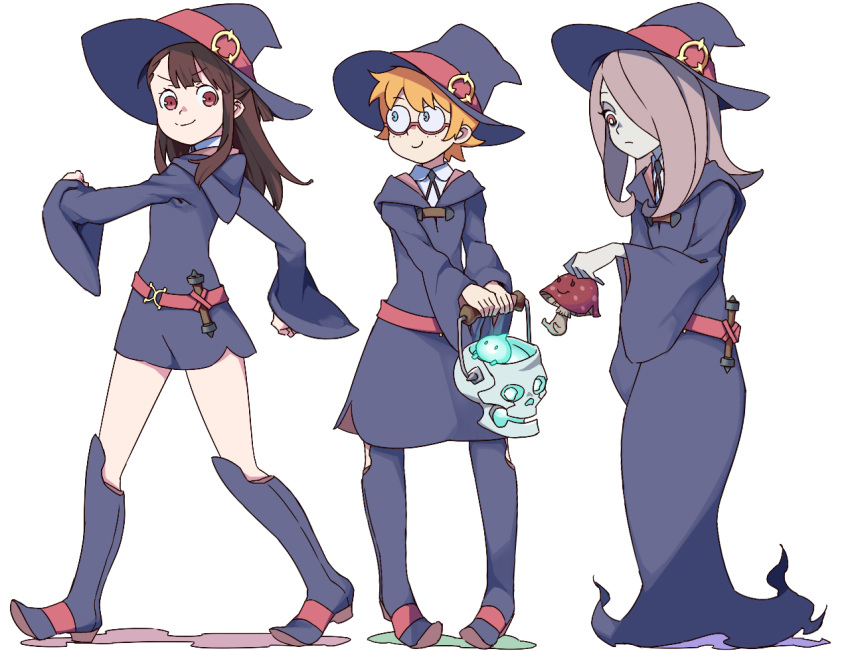 3girls akko_kagari belt blue_eyes boots brown_hair dress freckles full_body glasses hair_over_one_eye hat little_witch_academia long_dress long_hair looking_at_another looking_back looking_down lotte_yanson multiple_girls needle_(pixiv20529936) orange_hair red_eyes school_uniform short_dress short_hair sucy_manbavaran walking wide_sleeves witch witch_hat