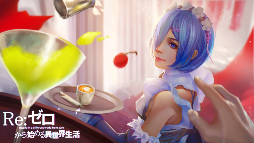 1girl absurdres apron bangs blue_eyes blue_hair breasts cherry copyright_name cup curtains detached_sleeves drinking_glass eyelashes eyeliner fingernails food frilled_sleeves frills from_behind fruit hair_ornament hair_over_one_eye hair_ribbon hands highres holding holding_tray indoors lipstick long_sleeves looking_at_viewer looking_back maid maid_headdress makeup nose pink_lips pink_lipstick pink_ribbon pov re:zero_kara_hajimeru_isekai_seikatsu rem_(re:zero) ribbon small_breasts smile solo teacup tray twisted_neck upper_body waist_apron wide_sleeves x_hair_ornament xiaoxiaoxiaomo