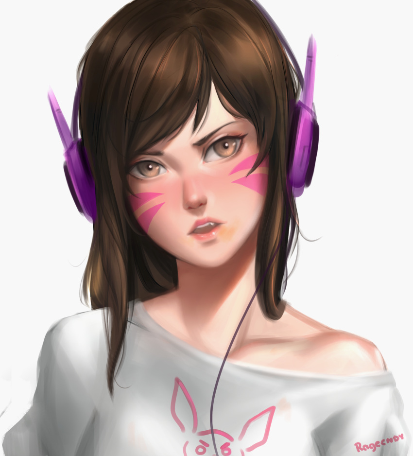 1girl animal_print artist_name bangs blush brown_eyes brown_hair bunny_print cable casual collarbone commentary d.va_(overwatch) disgust facepaint facial_mark fang food food_on_face frown grey_shirt head_tilt headphones highres lipstick long_hair looking_at_viewer makeup nose off_shoulder open_mouth overwatch pink_lipstick portrait shirt signature simple_background solo swept_bangs ushio_(starchild720) whisker_markings white_background