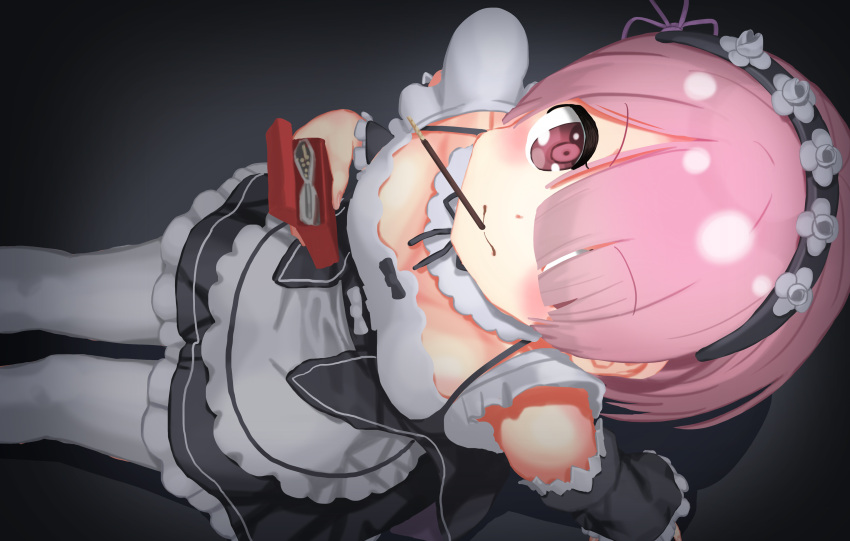 1girl absurdres bare_shoulders blush breasts commentary_request detached_sleeves food from_above hair_ornament hair_over_one_eye hair_ribbon highres koromo_take looking_at_viewer looking_up maid maid_headdress mouth_hold pantyhose pink_eyes pink_hair pocky pocky_day pocky_kiss ram_(re:zero) re:zero_kara_hajimeru_isekai_seikatsu ribbon shared_food short_hair white_legwear