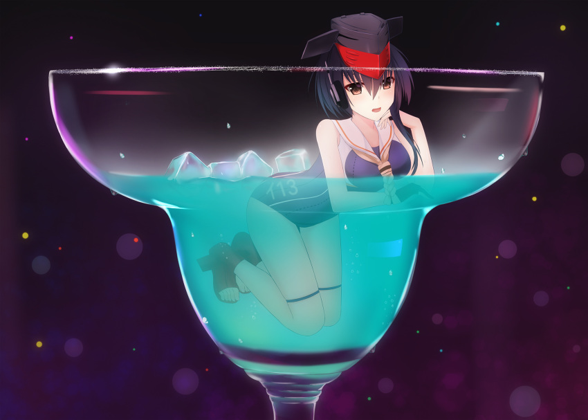 1girl black_hair brown_eyes cocktail cocktail_glass cup drink drinking_glass hair_between_eyes hat headphones highres i-13_(kantai_collection) ice ice_cube kantai_collection margarita minigirl neckerchief oversized_object rko_(a470350510) sailor_collar sandals school_swimsuit short_hair solo swimsuit white_neckerchief