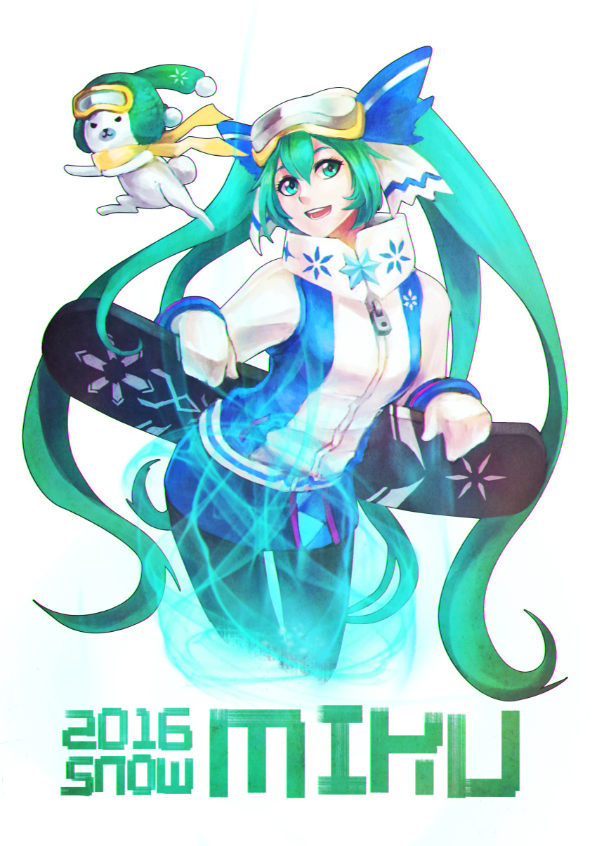 1girl 2016 absurdres alternate_hairstyle animal black_legwear chibi_inset commentary completion_time cropped_legs goggles goggles_on_head green_eyes green_hair hair_between_eyes hair_ribbon hatsune_miku high_collar highres long_hair mittens monori_rogue pantyhose quad_tails ribbon smile snowboard solo very_long_hair vocaloid white_background winter_clothes yuki_miku yukine_(vocaloid)