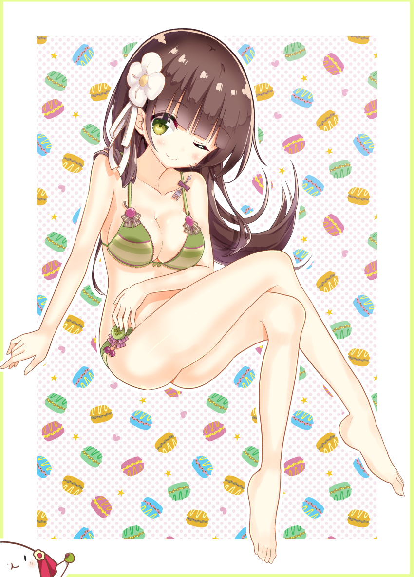 1girl ;) absurdres bangs bare_legs barefoot blunt_bangs blush bow bow_bra bra breasts brown_hair cherry cleavage closed_mouth collarbone commentary_request eyebrows_visible_through_hair flower food fork fruit full_body gochuumon_wa_usagi_desu_ka? green_bow green_bra green_eyes green_panties hair_flower hair_ornament heart highres large_breasts legs_crossed long_hair looking_at_viewer macaron nanakusa_(user_rnpt7322) one_eye_closed outline panties polka_dot polka_dot_background purple_bow sidelocks smile solo star stomach ujimatsu_chiya underwear underwear_only white_outline