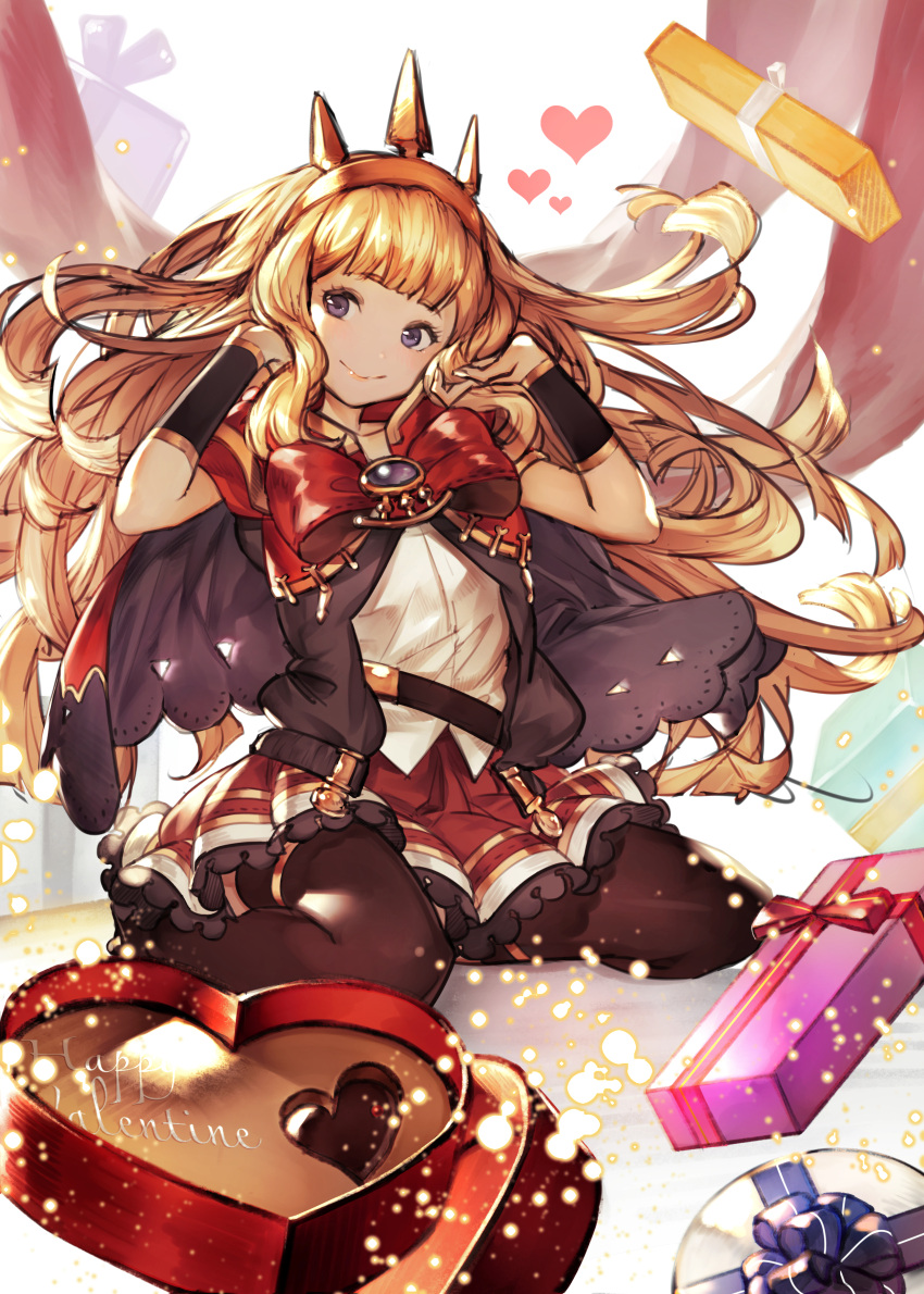 1girl absurdres black_legwear blonde_hair blue_eyes box cagliostro_(granblue_fantasy) gift gift_box granblue_fantasy hairband hands_in_hair happy_valentine heart highres long_hair looking_to_the_side red_skirt sitting skirt smile solo thigh-highs valentine wariza yurika0207