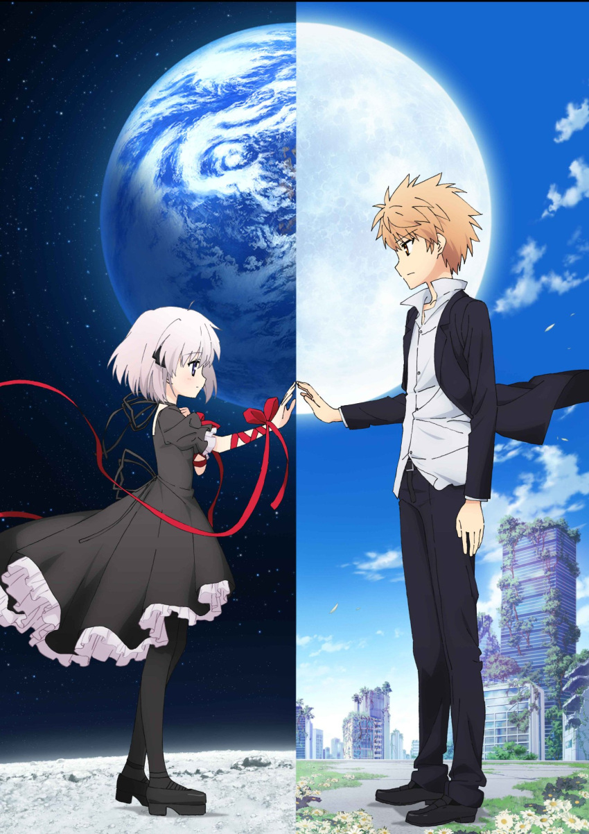 1boy 1girl black_dress black_jacket black_legwear black_pants black_ribbon black_shoes blonde_hair brown_eyes choker dress dress_shirt earth eyebrows_visible_through_hair from_side full_body highres jacket kagari_(rewrite) moon open_clothes open_jacket outdoors pants pantyhose red_ribbon rewrite ribbon ribbon_choker ruins shirt shoes short_hair short_sleeves silver_hair spiky_hair standing tennouji_kotarou violet_eyes white_shirt wrist_ribbon