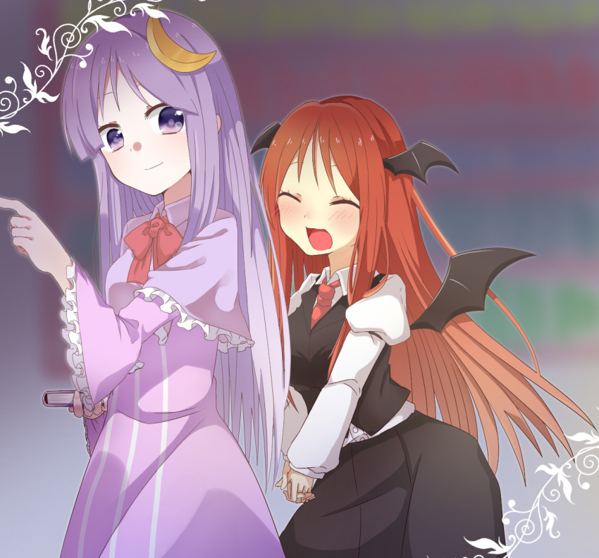 2girls :d ^_^ abe_suke bat_wings blurry blush book capelet closed_eyes collared_shirt commentary_request cowboy_shot crescent crescent_hair_ornament depth_of_field dress frills hair_ornament hands_together happy head_wings holding holding_book juliet_sleeves koakuma library light_smile long_hair long_sleeves looking_at_viewer multiple_girls necktie no_hat no_headwear open_mouth patchouli_knowledge puffy_sleeves purple_dress purple_hair red_necktie redhead shirt sidelocks skirt skirt_set smile striped striped_dress touhou vertical_stripes very_long_hair vest violet_eyes voile white_shirt wings