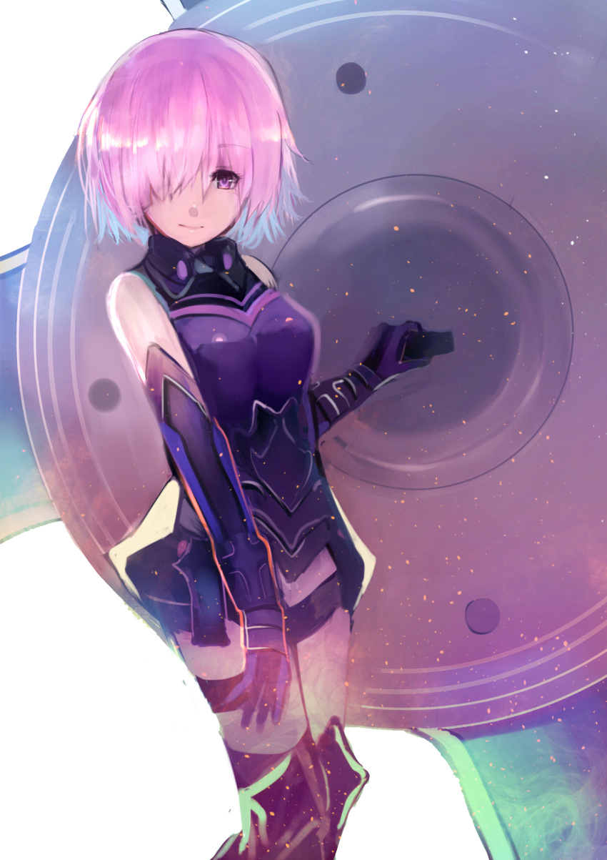 1girl absurdres armor armored_dress bangs black_gloves breasts closed_mouth elbow_gloves eyebrows_visible_through_hair fate/grand_order fate_(series) gloves hair_over_one_eye highres holding_shield light_smile looking_at_viewer medium_breasts over-kneehighs purple_hair shield shielder_(fate/grand_order) short_hair simple_background solo standing tarbo_(exxxpiation) tareme thigh-highs thigh_strap violet_eyes white_background
