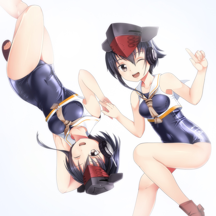 2girls ;d ankle_boots arm_up armpits bare_arms bare_legs bare_shoulders black_hair black_hat blue_swimsuit boots breasts brown_boots brown_eyes collarbone covered_navel crop_top eyebrows_visible_through_hair full_body hair_between_eyes hat highres i-13_(kantai_collection) i-14_(kantai_collection) index_finger_raised kantai_collection looking_at_viewer medium_breasts multiple_girls no_socks one_eye_closed open_mouth open_toe_shoes sailor_collar shiny shiny_skin shoes simple_background skin_tight sleeveless smile swimsuit upside-down yasume_yukito