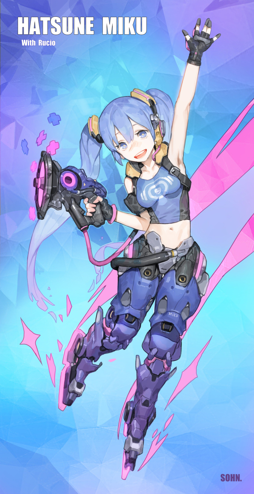 1girl absurdres arm_up armpits artist_name bare_shoulders black_gloves blue_eyes blue_hair blue_shirt bracer breasts character_name commentary cosplay finger_on_trigger fingerless_gloves full_body gloves gradient gradient_hair gun hair_between_eyes hair_ornament hand_up hatsune_miku headphones highres holding holding_gun holding_weapon hose inline_skates long_hair looking_at_viewer lucio_(overwatch) lucio_(overwatch)_(cosplay) medium_breasts midriff multicolored_hair navel open_mouth overwatch purple_hair roller_skates shirt skates sleeveless smile sohn_woohyoung solo star star-shaped_pupils stomach symbol-shaped_pupils tank_top teeth twintails very_long_hair vocaloid waving weapon