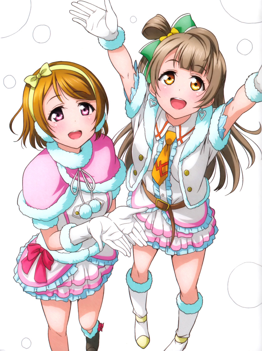 2girls absurdres arms_up boots bow brown_eyes brown_hair earrings frilled_skirt frills from_above gloves hair_bow hairband heart heart_earrings highres jewelry koizumi_hanayo long_hair love_live! love_live!_school_idol_project minami_kotori multiple_girls murota_yuuhei necktie pink_hair short_hair skirt white_boots white_gloves