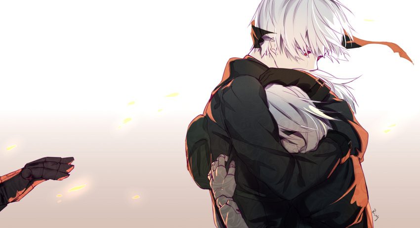 1boy 1girl absurdres aki663 android artist_name bangs black_gloves blindfold blindfold_removed brown_background crying embers from_side gloves gradient gradient_background highres hug long_sleeves nier_(series) nier_automata out_of_frame red_eyes robot_joints short_hair signature tears upper_body white_hair yorha_no._2_type_b yorha_no._9_type_s