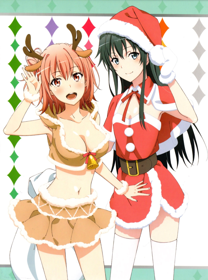 2girls :d absurdres alternate_costume animal_costume animal_ears antlers bell belt black_eyes black_hair blush breasts capelet christmas cleavage crop_top deer_ears eyebrows_visible_through_hair fujii_yui fur_trim gloves hat highres hood hoodie long_hair looking_at_viewer multiple_girls navel official_art open_mouth pink_hair red_eyes reindeer_antlers reindeer_costume reindeer_ears ribbon sack santa_costume santa_hat short_hair sleeveless sleeveless_hoodie smile thigh-highs yahari_ore_no_seishun_lovecome_wa_machigatteiru. yuigahama_yui yukinoshita_yukino