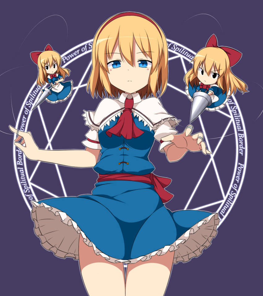&gt;:( 1girl alice_margatroid apron ascot bangs black_eyes blonde_hair blue_dress blue_eyes bow breasts capelet closed_mouth cowboy_shot doll dress dress_lift engrish enushi_(toho193) eyebrows_visible_through_hair frilled_dress frills hair_between_eyes hair_bow hairband highres holding holding_weapon jewelry lance long_hair looking_at_viewer magic_circle medium_breasts polearm puppet_rings puppet_strings purple_background ranguage red_ascot red_bow red_hairband ring sash shanghai_doll short_hair short_sleeves sidelocks simple_background string thigh_gap thighs touhou waist_apron weapon white_apron wind wind_lift
