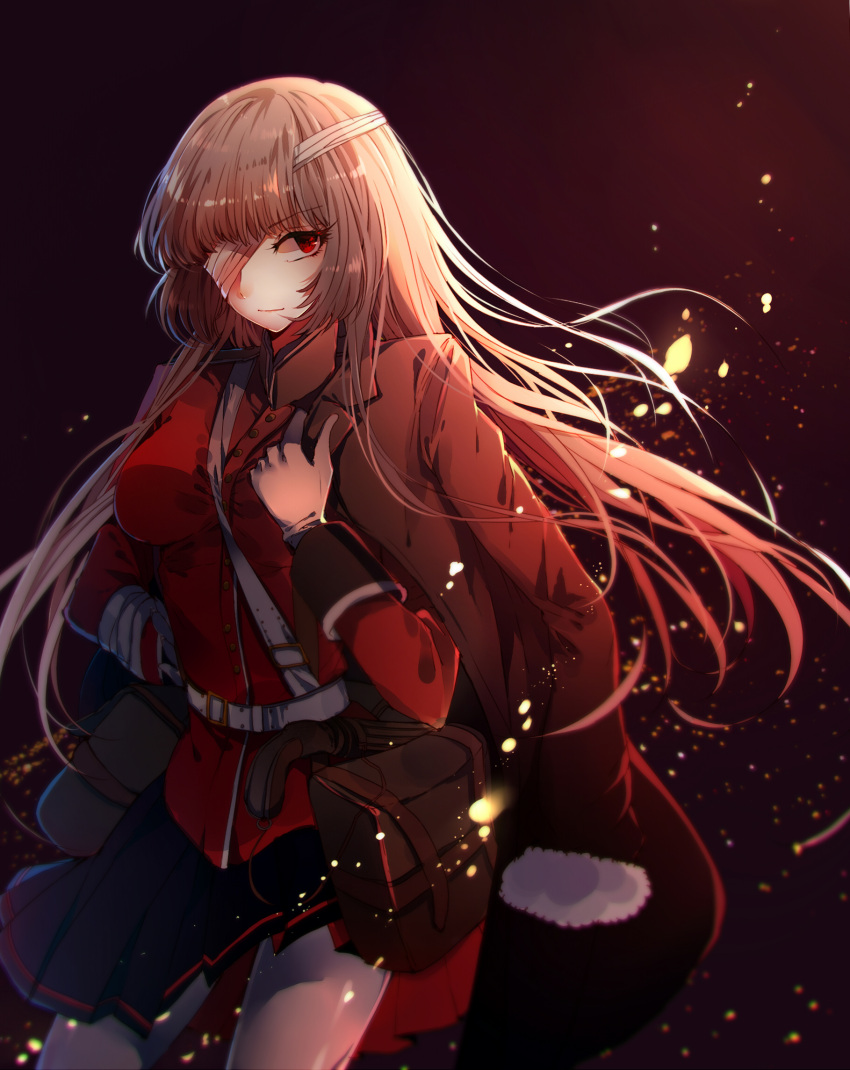 &gt;:) 1girl bandage_over_one_eye bangs baocaizi belt belt_pouch black_skirt breasts closed_mouth cowboy_shot fate/grand_order fate_(series) florence_nightingale_(fate/grand_order) gloves highres jacket_on_shoulders long_hair long_sleeves looking_at_viewer medium_breasts military military_uniform pantyhose pink_hair red_eyes skirt solo uniform white_gloves white_legwear
