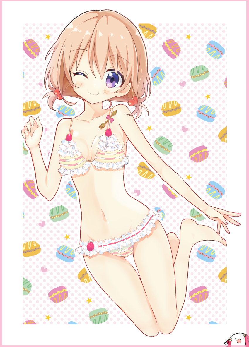 1girl ;) absurdres bangs bare_legs barefoot bikini blush bow bra breasts cleavage closed_mouth collarbone eyebrows_visible_through_hair food fork frilled_bikini frilled_bra frilled_panties frills fruit full_body gluteal_fold gochuumon_wa_usagi_desu_ka? hair_between_eyes hair_bobbles hair_ornament heart highres hoto_cocoa looking_at_viewer low_twintails macaron medium_breasts nanakusa_(user_rnpt7322) navel one_eye_closed orange_hair outline panties pink_border pink_bow polka_dot polka_dot_background ribbon_trim short_hair smile solo star stomach strawberry swimsuit thigh_gap twintails underwear violet_eyes white_outline