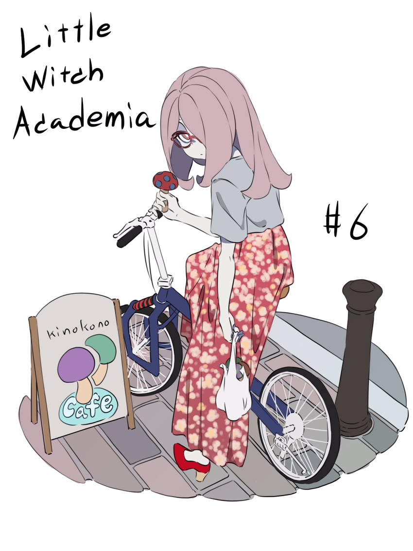 1girl alternate_costume bag bespectacled bicycle casual cruiser_bicycle glasses ground_vehicle hair_over_one_eye high_heels highres kengo little_witch_academia long_skirt looking_back mushroom shopping_bag sign skirt solo sucy_manbavaran