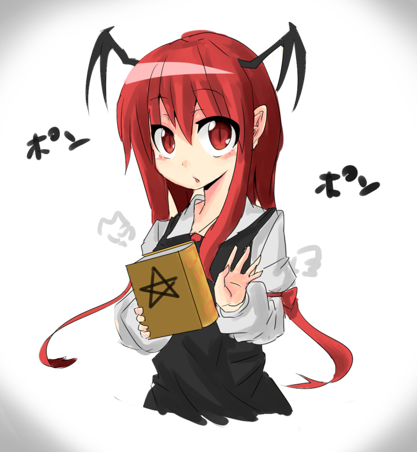 :o armband bat_wings black_dress blush book chestnut_mouth collared_shirt commentary_request dress eyebrows_visible_through_hair eyes_visible_through_hair hair_between_eyes head_wings highres holding holding_book koakuma long_hair long_sleeves looking_at_viewer pentagram red_eyes redhead shirt sidelocks simple_background slit_pupils touhou translation_request upper_body usagi_(touhopu2) vignetting white_background white_shirt wings