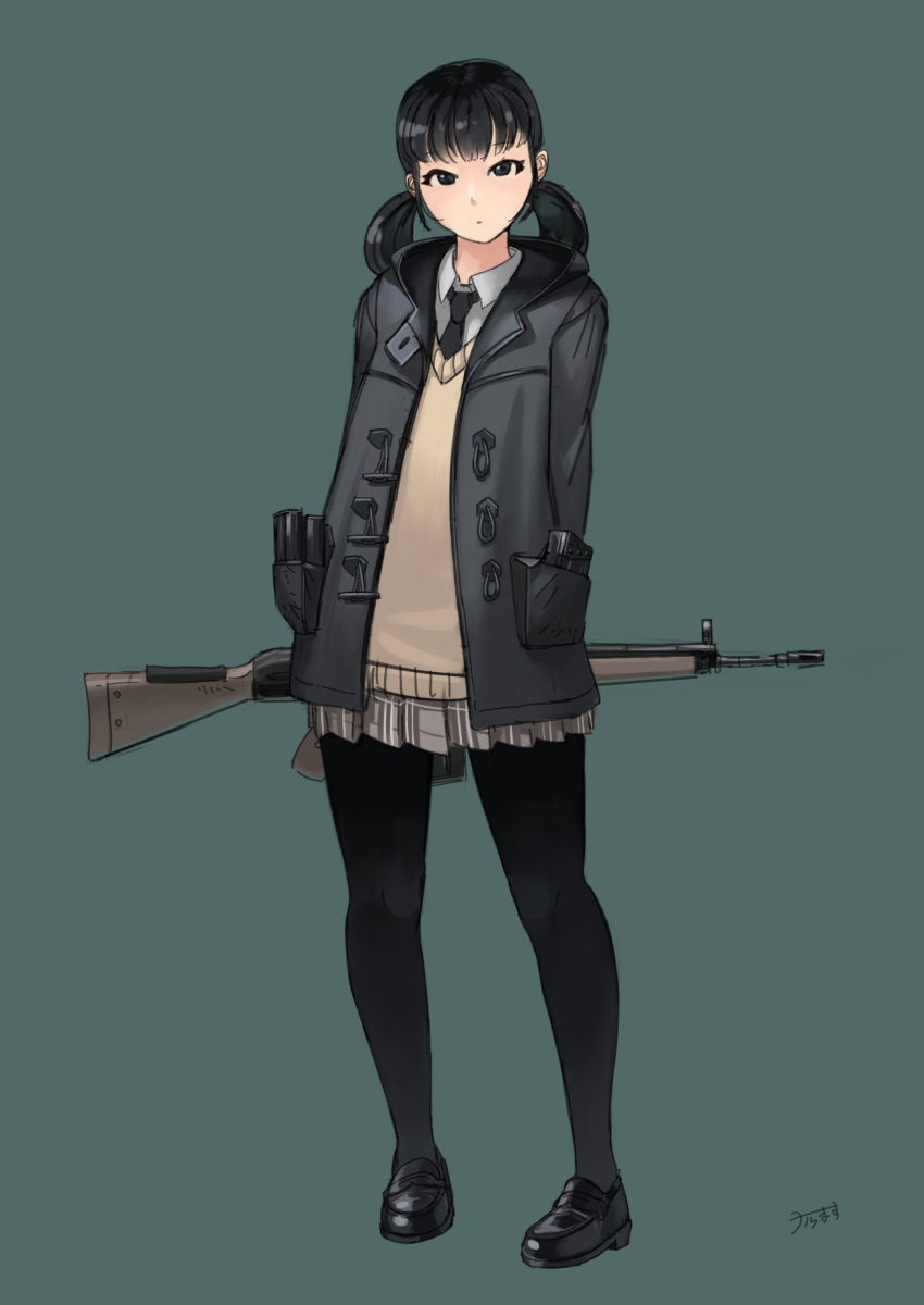 1girl absurdres battle_rifle black_eyes full_body grey_background gun h&amp;k_g3 highres holding holding_weapon jacket karamas looking_at_viewer magazine_(weapon) original rifle simple_background thigh-highs twintails weapon