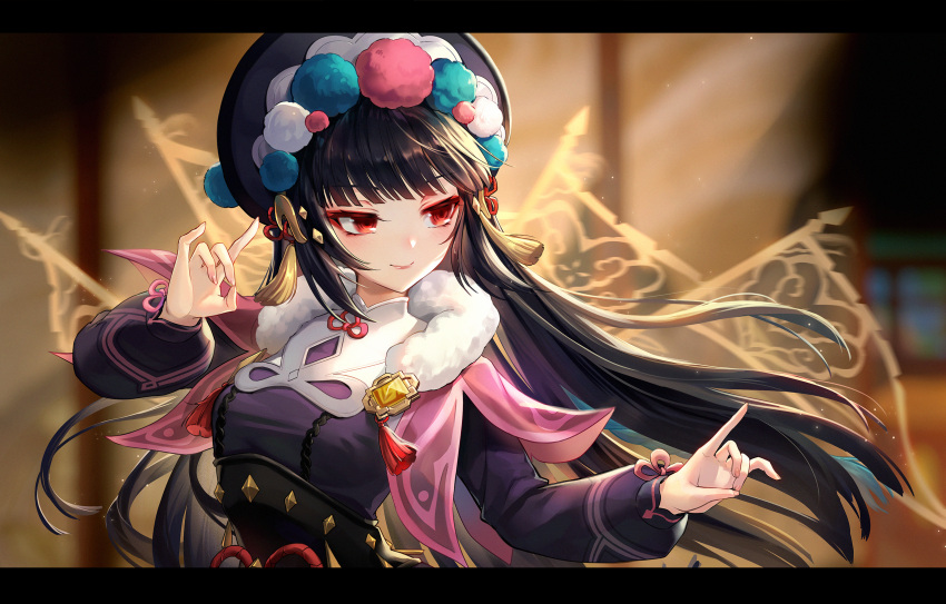 1girl bangs black_corset black_hair black_headwear blunt_bangs blurry blurry_background bonnet capelet closed_mouth commentary_request corset depth_of_field eyebrows_visible_through_hair eyeshadow fingernails floating_hair flower_knot fox_shadow_puppet fur_collar genshin_impact hand_up highres lalazyt letterboxed lolita_fashion long_hair long_sleeves looking_away looking_to_the_side makeup multicolored_clothes multicolored_headwear pink_capelet qi_lolita red_eyes red_eyeshadow sidelocks smile solo tassel tsurime upper_body vision_(genshin_impact) yunjin_(genshin_impact)