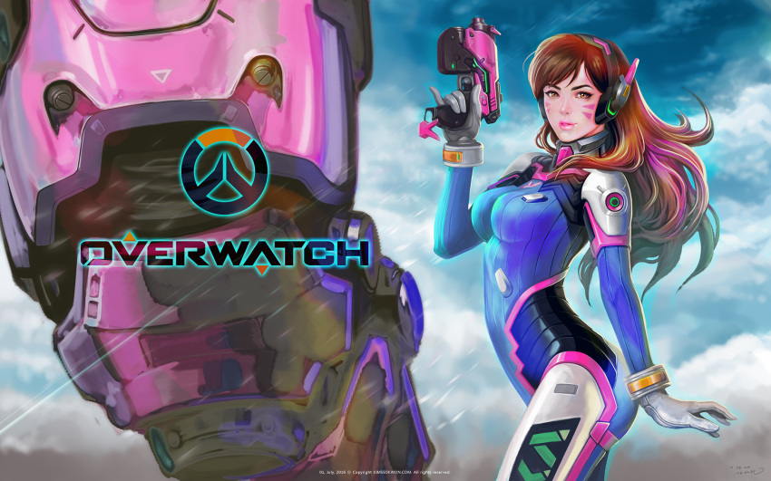 1girl 2016 animal_print arched_back bangs bodysuit bracer brown_eyes brown_hair bunny_print charm_(object) copyright_name cowboy_shot d.va_(overwatch) dated facepaint facial_mark finger_on_trigger gun headphones high_collar highres holding holding_gun holding_weapon long_hair looking_at_viewer louis_kim overwatch pauldrons pilot_suit pink_lips pinky_out ribbed_bodysuit shoulder_pads signature skin_tight swept_bangs weapon whisker_markings
