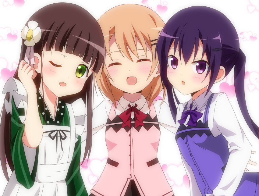 3girls :o ama_usa_an_uniform apron bangs black_skirt blunt_bangs blush bow bowtie breasts brown_hair buttons closed_eyes collared_shirt eyebrows_visible_through_hair flower gochuumon_wa_usagi_desu_ka? green_eyes green_kimono hair_between_eyes hair_flower hair_ornament hairclip hand_on_another's_back happy heart hera_(hara0742) highres hoto_cocoa japanese_clothes kimono long_hair long_sleeves looking_at_viewer multiple_girls one_eye_closed open_mouth orange_hair pink_vest purple_bow purple_bowtie purple_hair purple_vest rabbit_house_uniform red_bow red_bowtie shirt short_hair sidelocks skirt small_breasts smile tedeza_rize twintails ujimatsu_chiya upper_body vest violet_eyes white_apron white_background white_shirt wide_sleeves