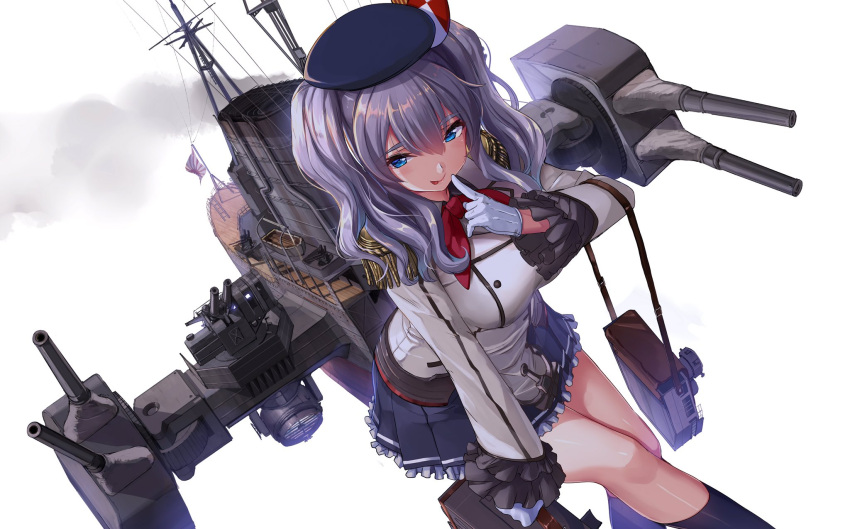 1girl akasaai beret black_hat black_legwear blue_eyes breasts cannon finger_to_mouth frilled_skirt frilled_sleeves frills gloves grey_shirt hair_between_eyes hat highres jacket kantai_collection kashima_(kantai_collection) large_breasts looking_at_viewer medium_hair neckerchief red_neckwear rigging shirt silver_hair simple_background skirt smoke smokestack socks solo standing turret twintails upper_body white_background white_gloves white_jacket