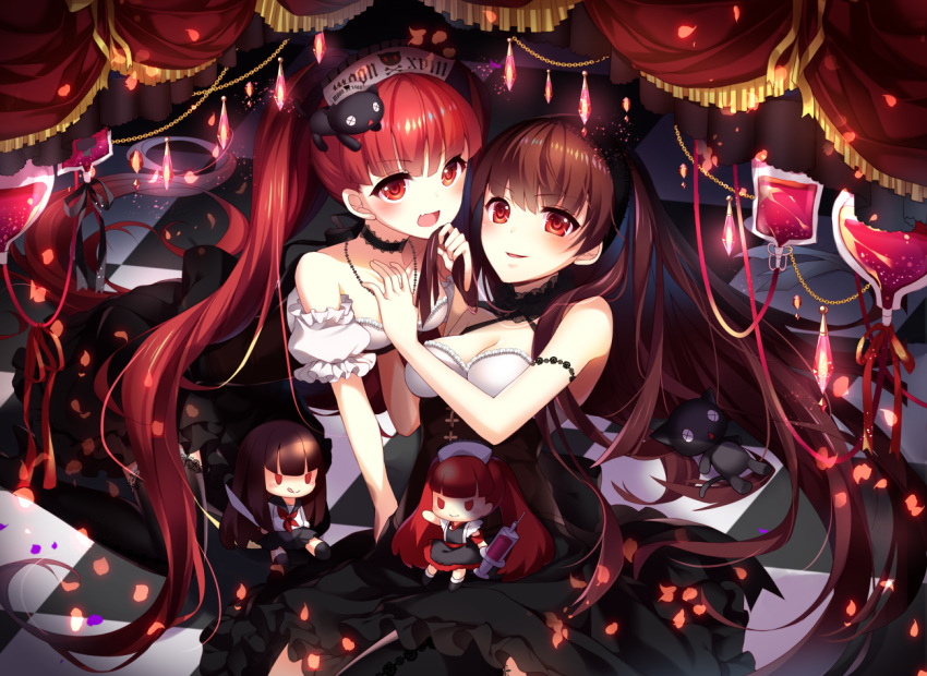 2girls :d bangs bare_shoulders black_dress blood blood_bag breasts brown_hair character_doll checkered checkered_floor choker cleavage curtains detached_sleeves dress fang hairband homarerererere jewelry konoha_(sound_voltex) kureha_(sound_voltex) long_hair multiple_girls necklace open_mouth parted_lips puffy_short_sleeves puffy_sleeves red_eyes redhead short_sleeves smile sound_voltex twintails very_long_hair