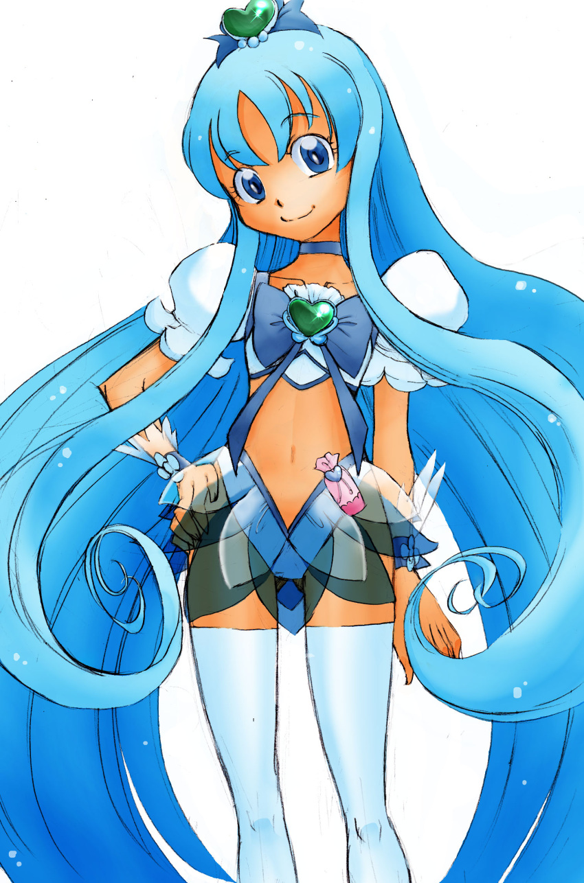 adapted_costume blue_eyes blue_hair brooch choker cure_marine heartcatch_precure! highres jewelry kurumi_erika long_hair magical_girl precure puffy_sleeves shiri_kodama_nuku_zou simple_background solo thigh-highs very_long_hair