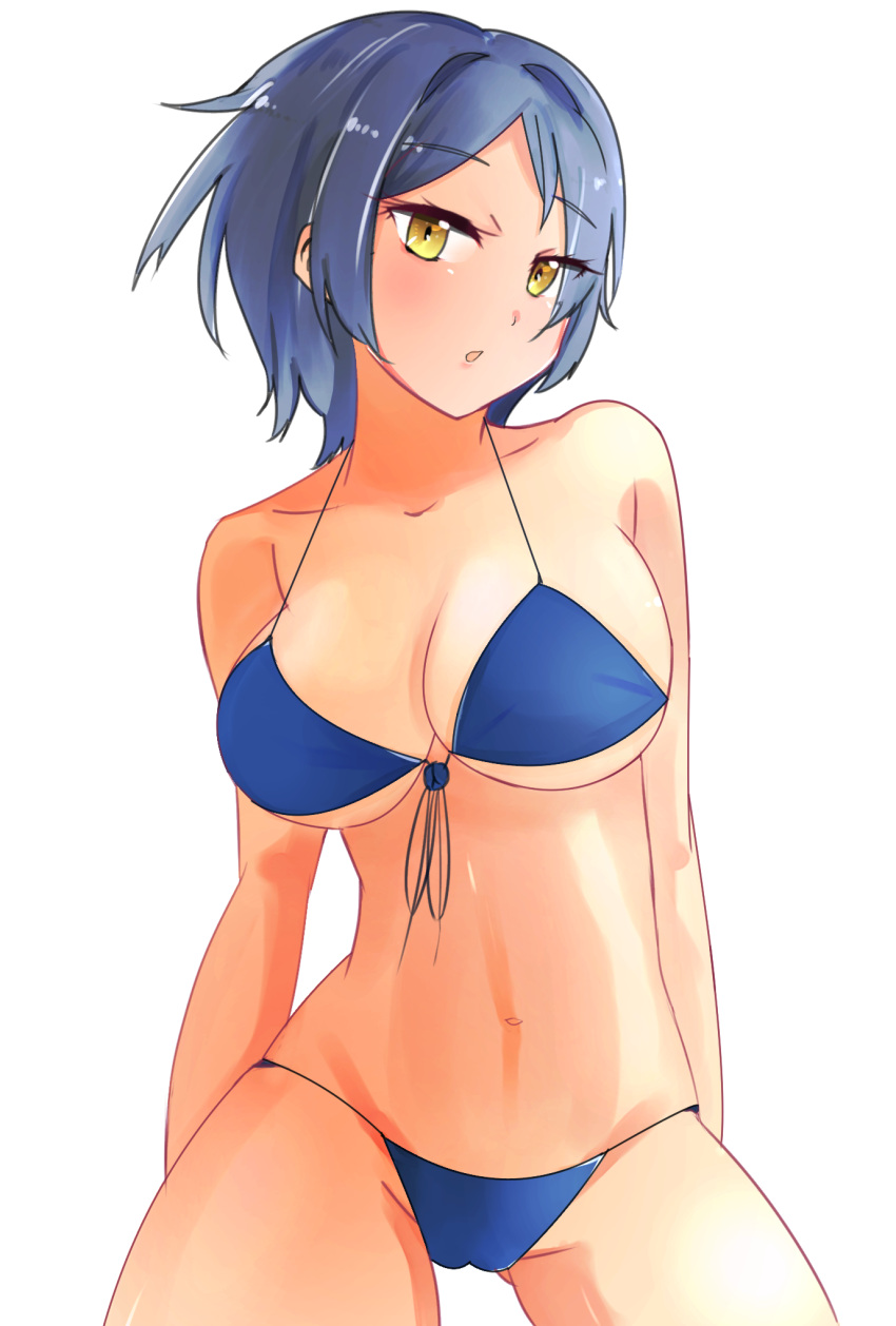 1girl alternate_costume bangs bikini blue_bikini blue_hair blush breasts chiru_(218mg) cleavage commentary_request front-tie_bikini front-tie_top hayami_kanade head_tilt highres idolmaster idolmaster_cinderella_girls large_breasts looking_at_viewer navel parted_bangs short_hair simple_background solo swimsuit white_background yellow_eyes